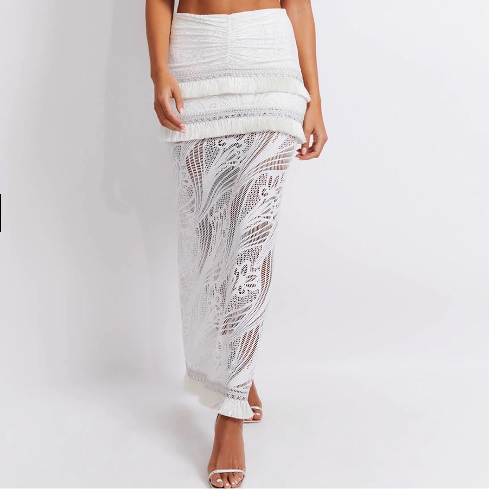 PatBO Metallic Fringe Trim Lace Maxi Skirt